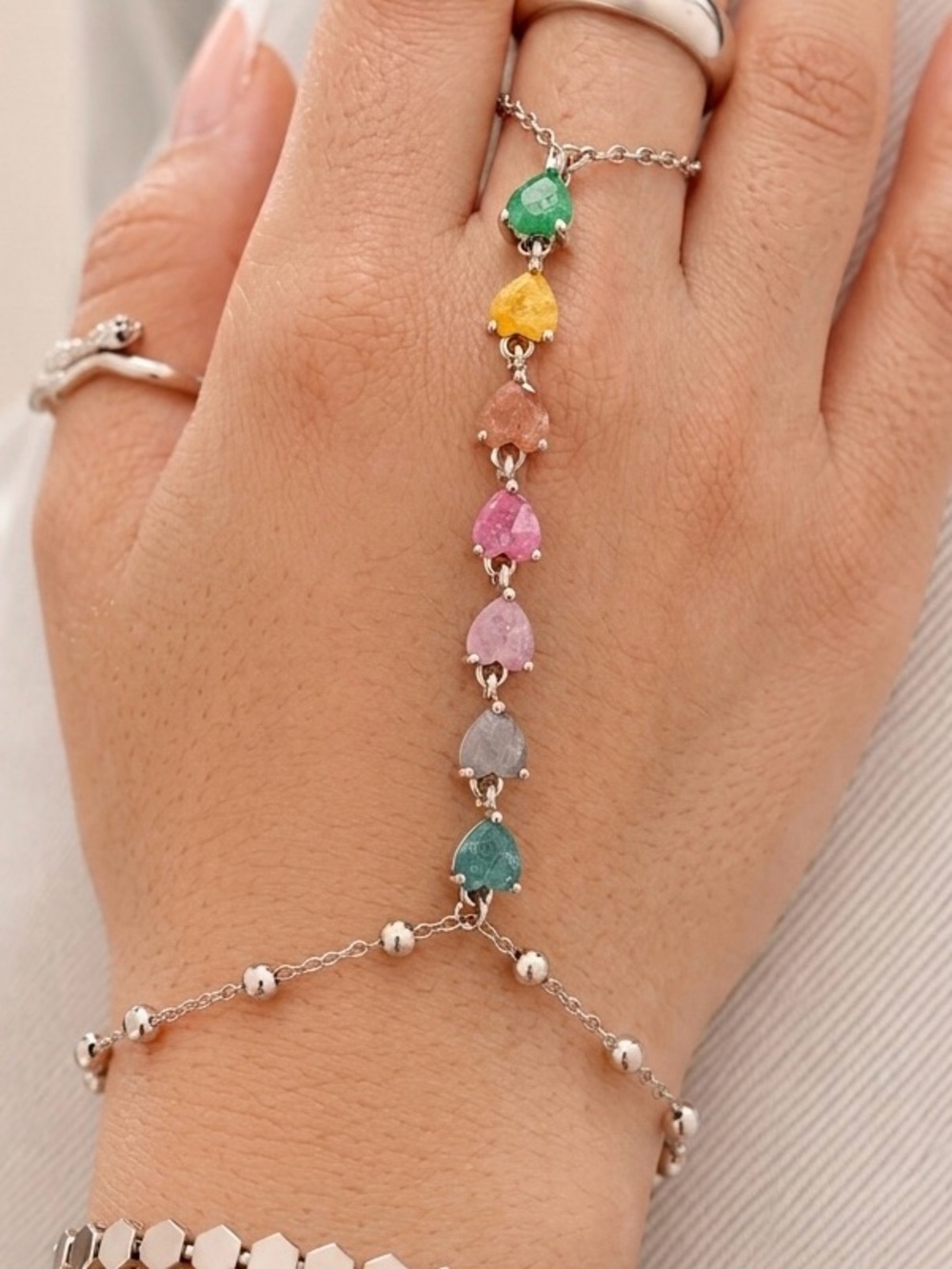 3/$40! Platinum Plated Rainbow Crystal Heart Hand Chain Rhodium Slave Bracelet
